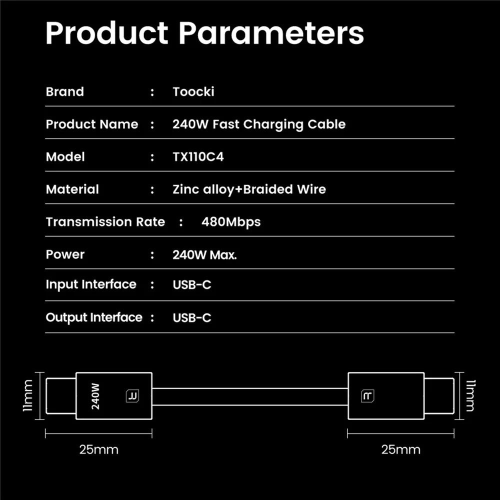 TOOCKI TX110C4 2m 240W Mini Zinc Alloy USB-C to USB-C Cable 480Mbps Data Transfer Cable with Smart Chip for Laptop Phone Tablet - White - 7