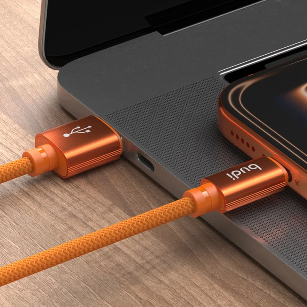 BUDI DC271T15C 1.5m 18W Fast Charging USB-A to USB-C Cable Braided Aluminum Connector Cable - Orange - 2