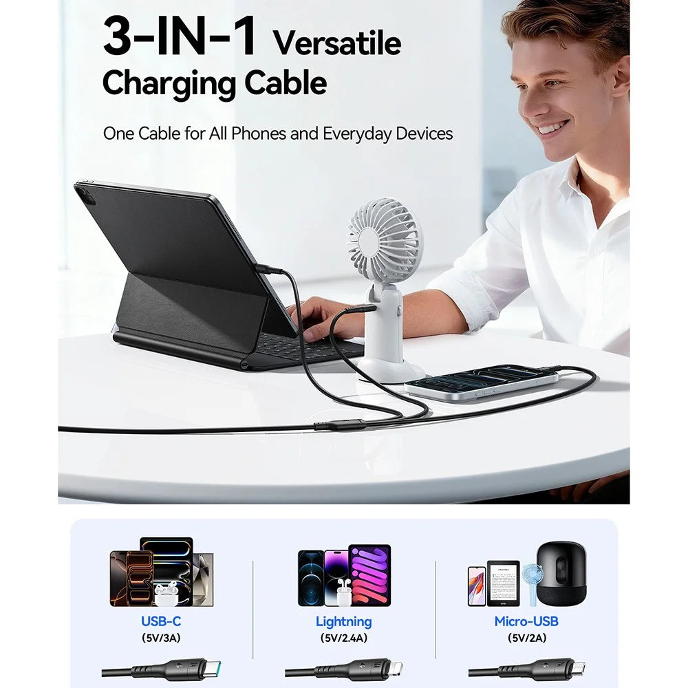 JOYROOM S-A61 3 in 1 Charging Cable USB-A to Type-C / iP / Micro USB 3.5A 1.2m Fast Charging Cord - Black - 2