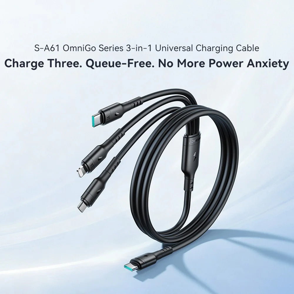JOYROOM S-A61 3 in 1 Charging Cable Type-C to Type-C / iP / Micro USB 3.5A 1.2m Fast Charging Cord - Black - 2