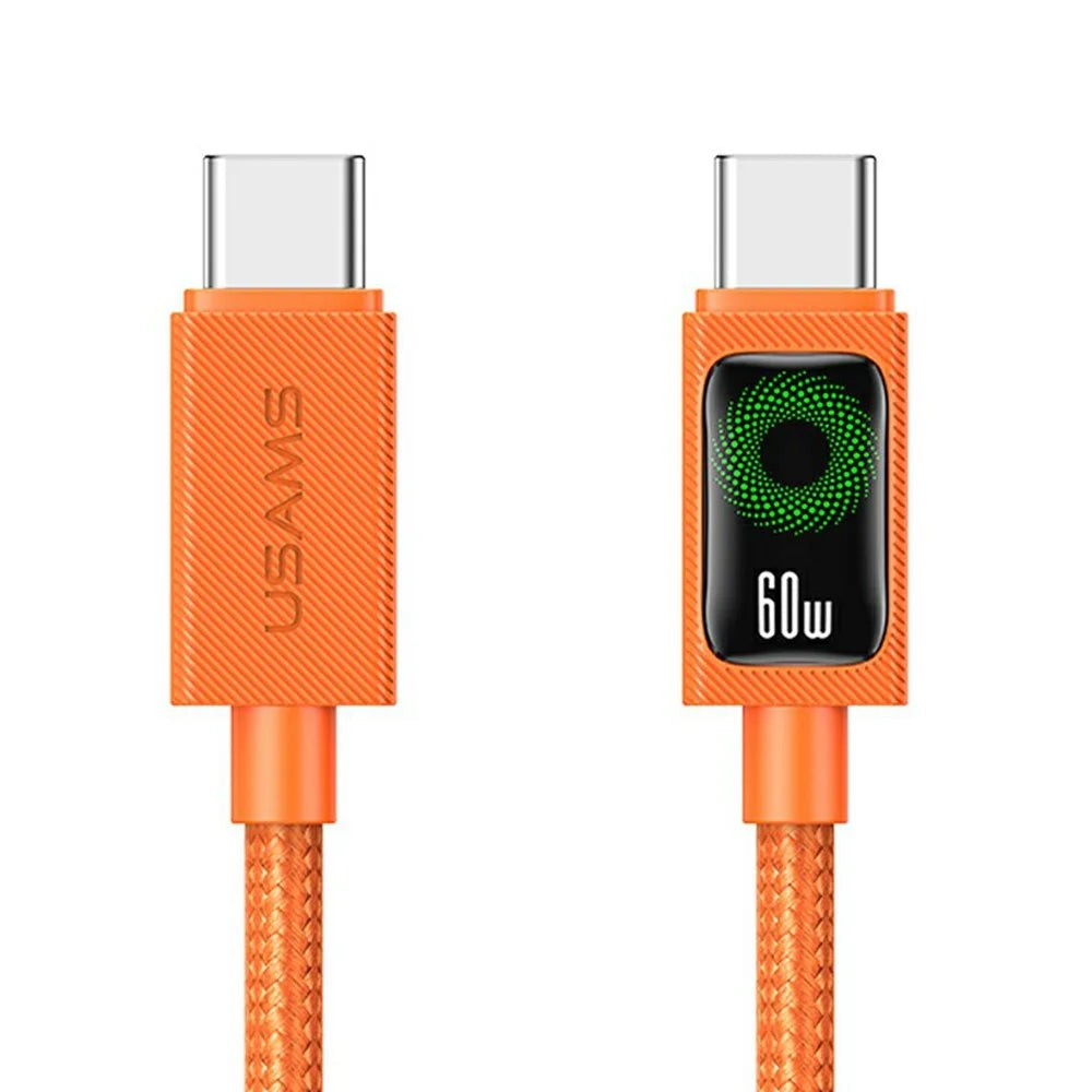 USAMS SJ773 U92 1.2m 60W Type-C to Type-C Cable Fast Charging Data Sync Cord with LED Light - Orange - 1