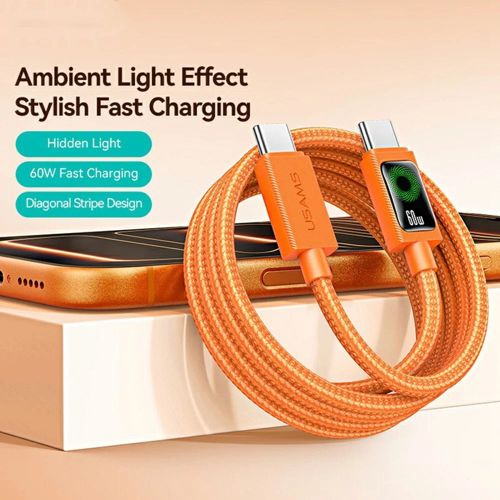 USAMS SJ773 U92 1.2m 60W Type-C to Type-C Cable Fast Charging Data Sync Cord with LED Light - Orange - 2