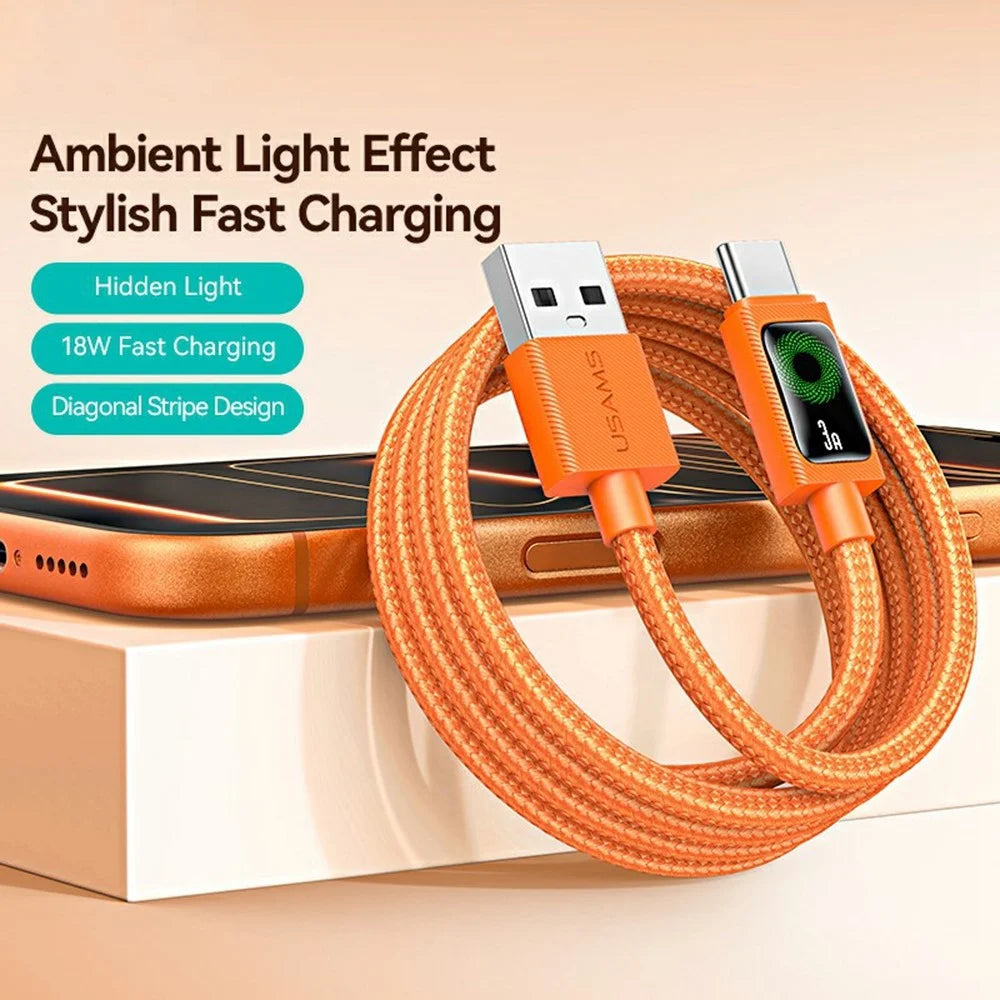 USAMS SJ772 U92 1.2m Type-C Cable 18W Fast Charging USB-A to USB-C Data Transfer Cord with LED Light - Orange - 2