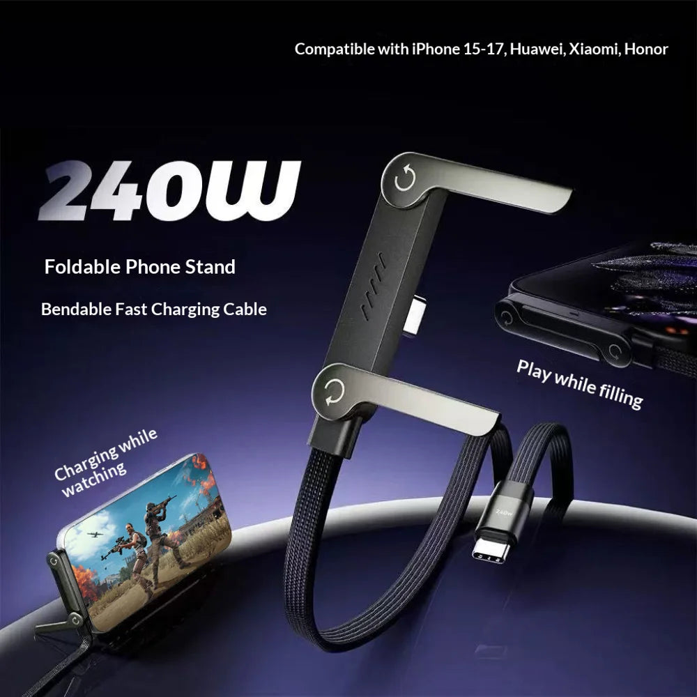 90 Degree Angled Type-C to Type-C 240W Fast Charging Cable Data Sync Cord with Phone Holder for Gaming/Multitasking - 1.5m - 2