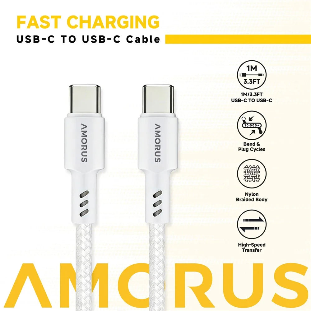 AMORUS 1m PD 3.0 60W Fast Charging Cable USB-C to USB-C Nylon Braided Data Cord for for Samsung / Xiaomi / Google - White - 2