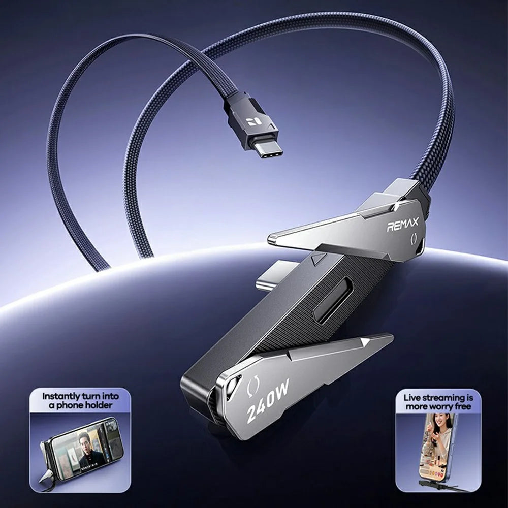 REMAX CB53 PD 240W Fast Charging Cable Type-C to Type-C with Phone Stand 1.2M Braided Cord - Black - 2