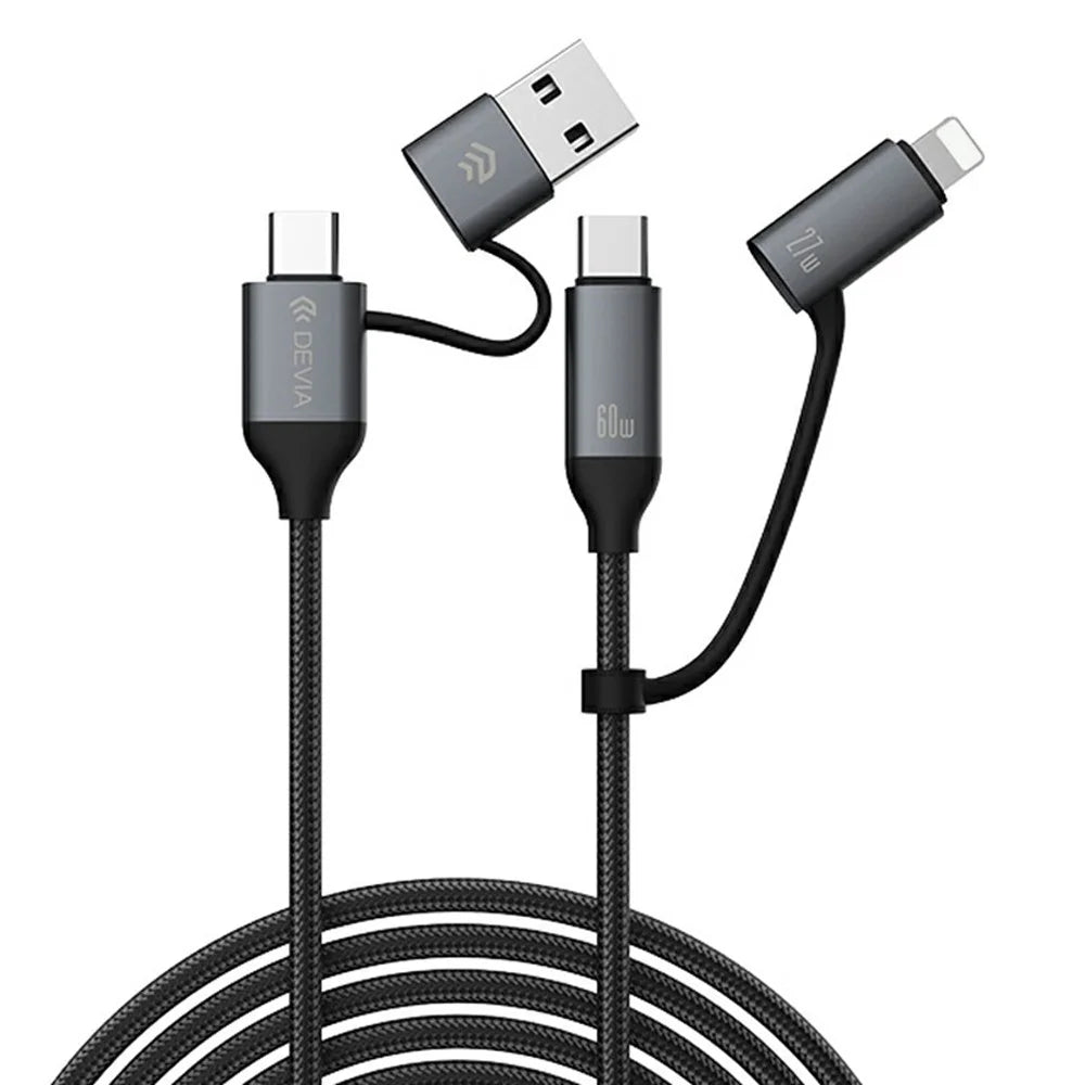 DEVIA EC504 Extreme Speed Series 1.5m 4 in 1 Fast Charging Cable USB-A + Type-C to Type-C + IP Data Cord - Black - 1