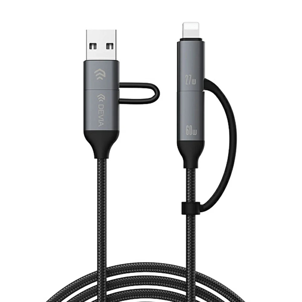 DEVIA EC504 Extreme Speed Series 1.5m 4 in 1 Fast Charging Cable USB-A + Type-C to Type-C + IP Data Cord - Black - 2