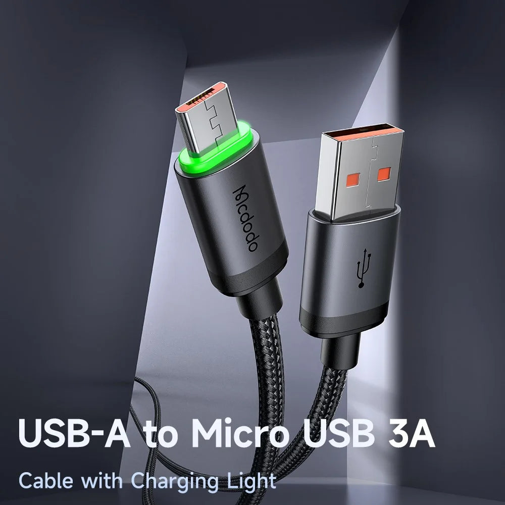 MCDODO CA-3990 1m USB-A to Micro USB Cable with Charging Light, 3A Fast Charging Data Cord - Black - 2