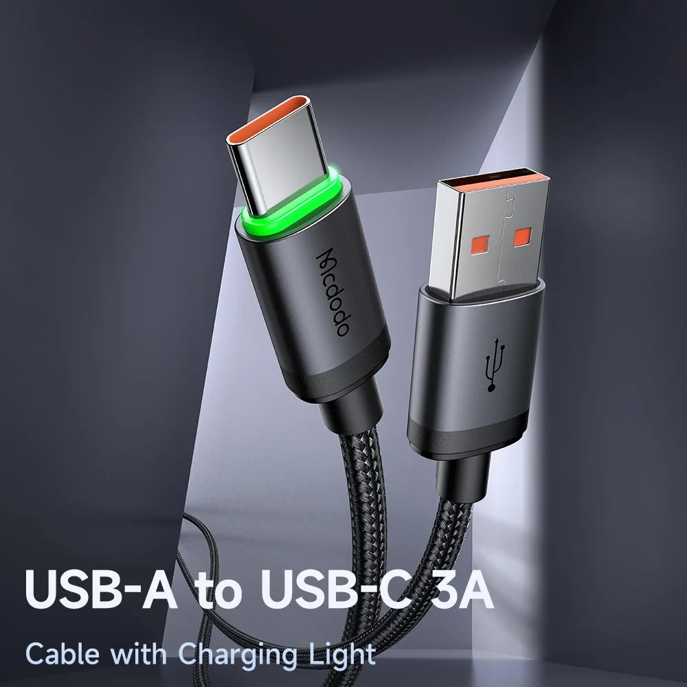 MCDODO CA-3960 1m USB-A to USB-C Cable with Charging Light, 3A Fast Charging Data Transfer Cord - Black - 2