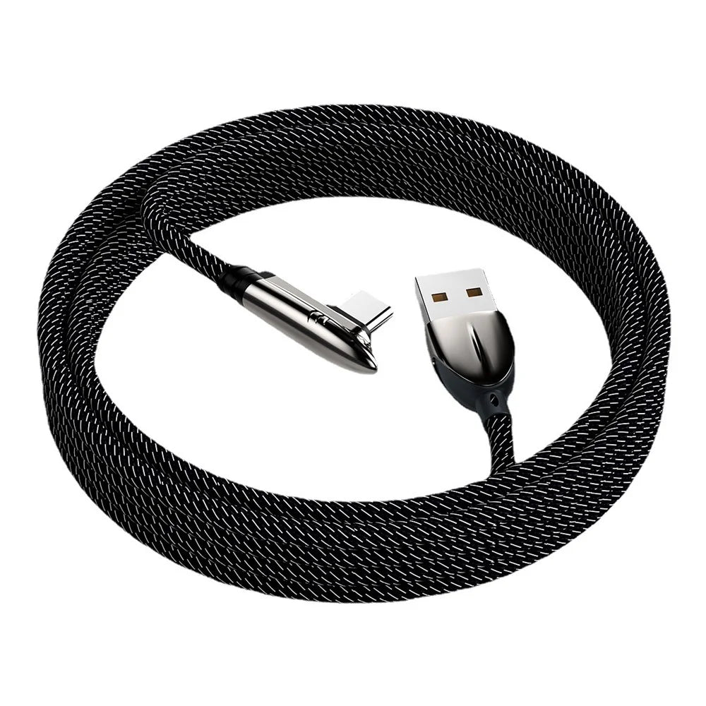 1.2m 6A USB-A to Type-C Cable 90 Degree Elbow 66W Fast Charging Braided Cord for Gaming Huawei OPPO Xiaomi - Black - 1