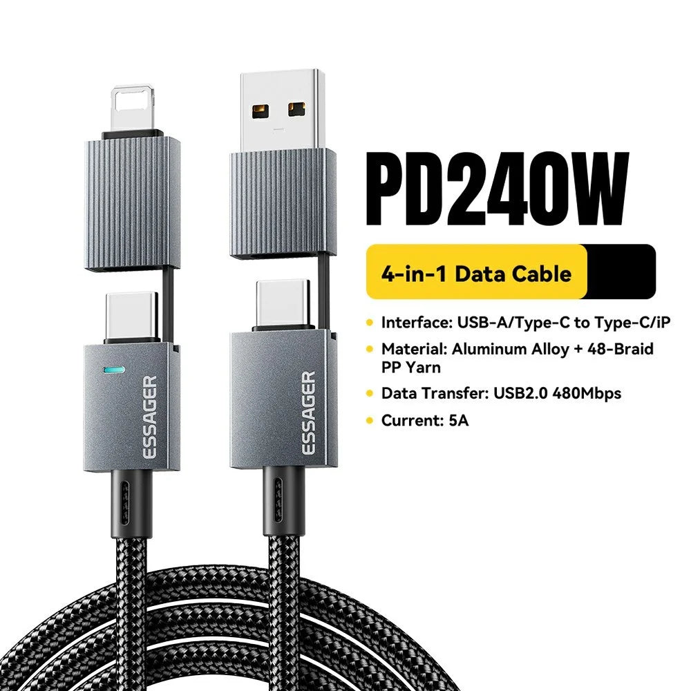 ESSAGER 1m 4 in 1 USB-A  /  Type-C to Type-C  /  iP Braided Data Cord PD 240W Fast Charging Cable - Grey - 2