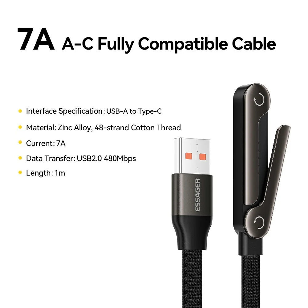 ESSAGER 1m 7A Fast Charging USB-A to Type-C L-Shape Cable with Stand for Gaming Charging - Grey - 2