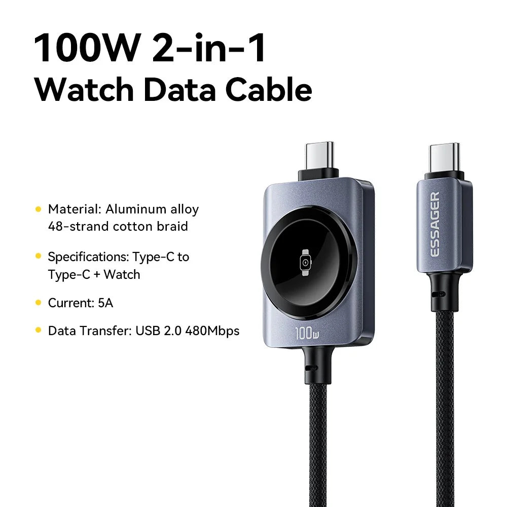 ESSAGER 2 in 1 100W Fast Charging Type-C to Type-C + Magnetic Wireless Charger for Apple Watch with 1m Cable - Grey - 2