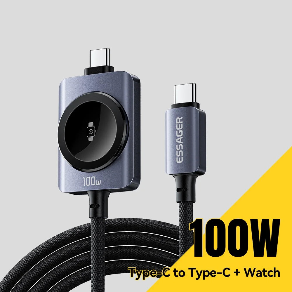 ESSAGER 2 in 1 100W Fast Charging Type-C to Type-C + Magnetic Wireless Charger for Apple Watch with 1m Cable - Grey - 4