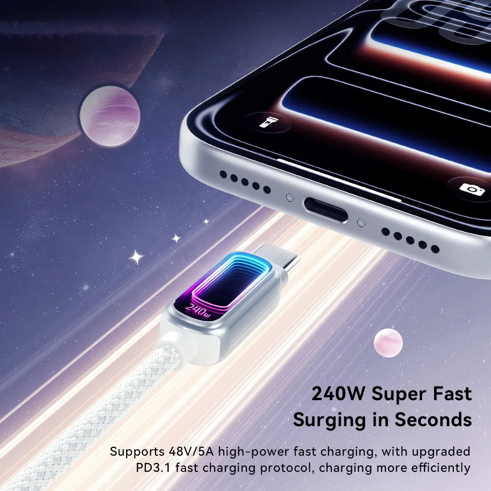 ESSAGER 1m 240W Fast Charging USB-C to USB-C 480Mbps Data Cable with Dynamic RGB Breathing Light - Tarnish - 6
