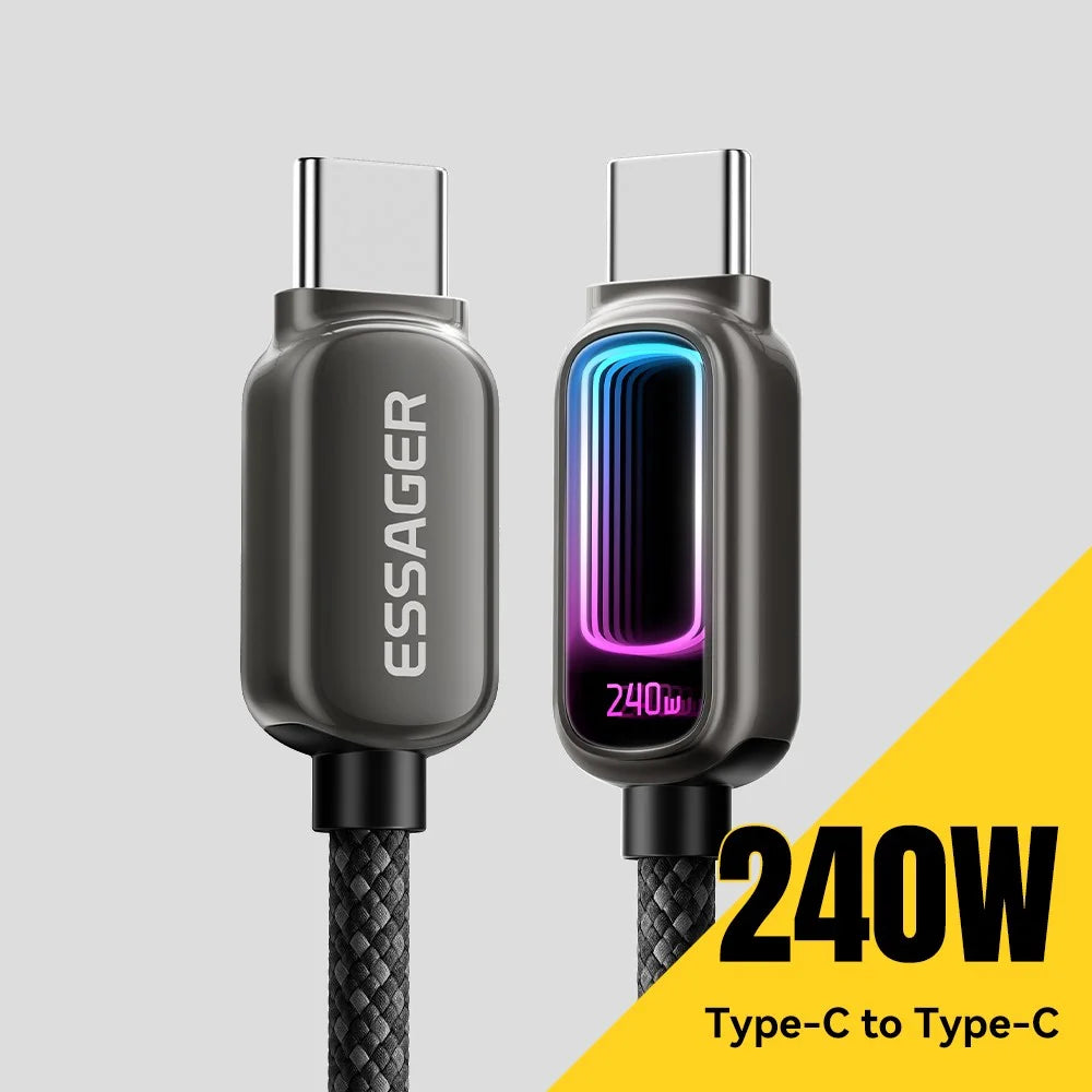 ESSAGER 2m 240W Fast Charging USB-C to USB-C 480Mbps Data Cable with Dynamic RGB Breathing Light - Tarnish - 3