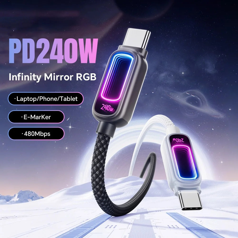 ESSAGER 2m 240W Fast Charging USB-C to USB-C 480Mbps Data Cable with Dynamic RGB Breathing Light - Tarnish - 4