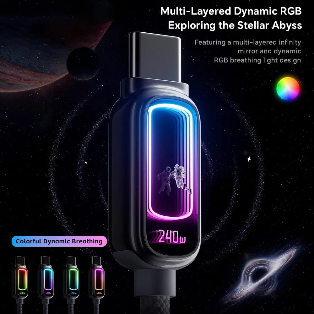 ESSAGER 2m 240W Fast Charging USB-C to USB-C 480Mbps Data Cable with Dynamic RGB Breathing Light - Tarnish - 5