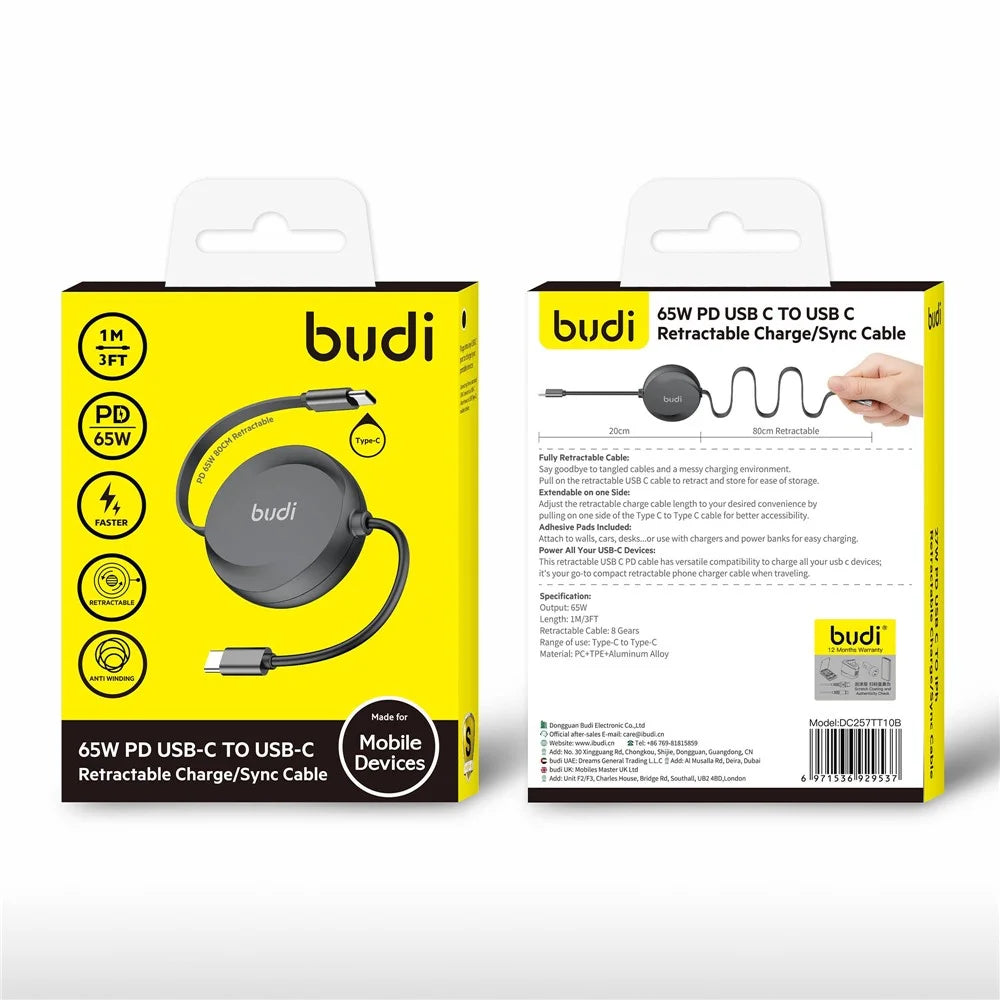 BUDI DC257TT10B 1m PD 65W Fast Charging USB-C to USB-C Retractable Cable Data Sync Cord - Black - 3