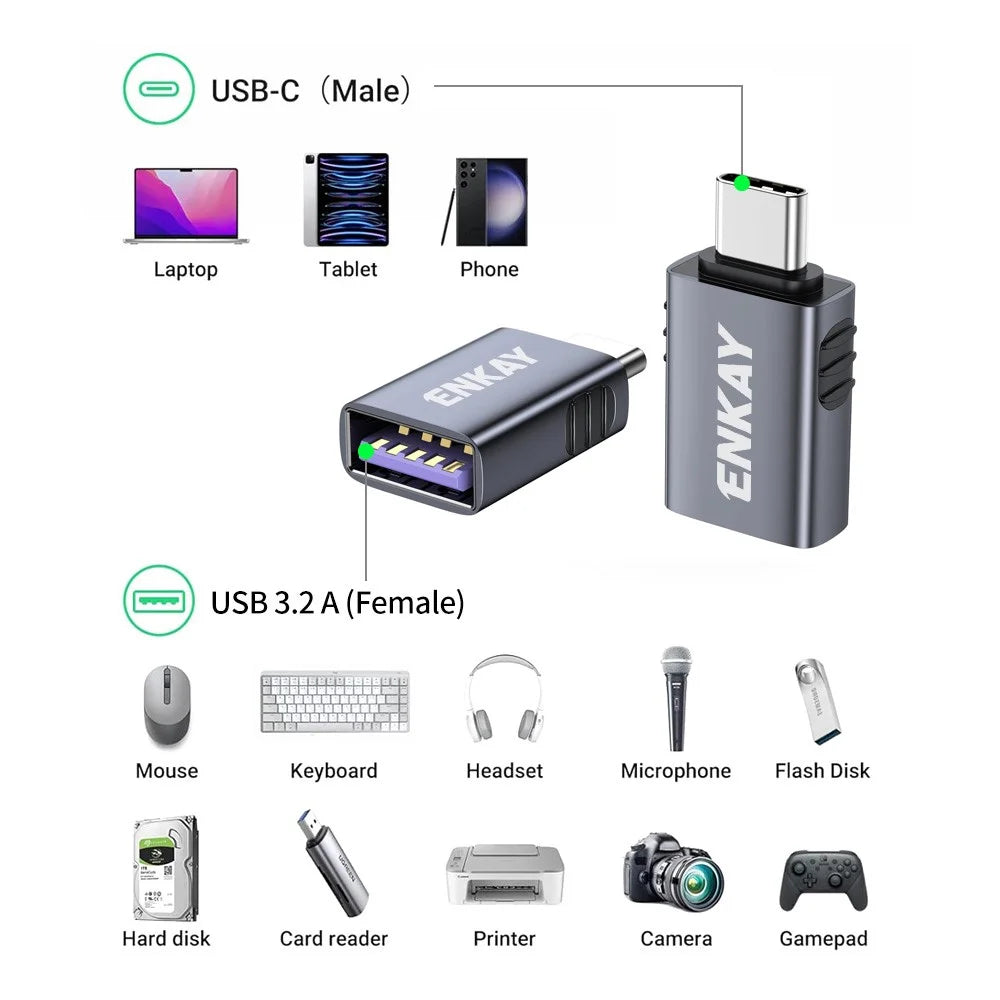 ENKAY ENK-AT130 2Pcs USB-A 3.2 Female to USB-C Male Female Adapter 10Gbps 60W Fast Charging Aluminum Alloy OTG Converter - Grey - 7