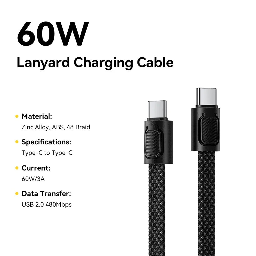 ESSAGER ES-X84 0.3m 2-in-1 Lanyard Design Charging Cable Type-C to Type-C 60W Fast Charging Braided Data Cord - Black - 2