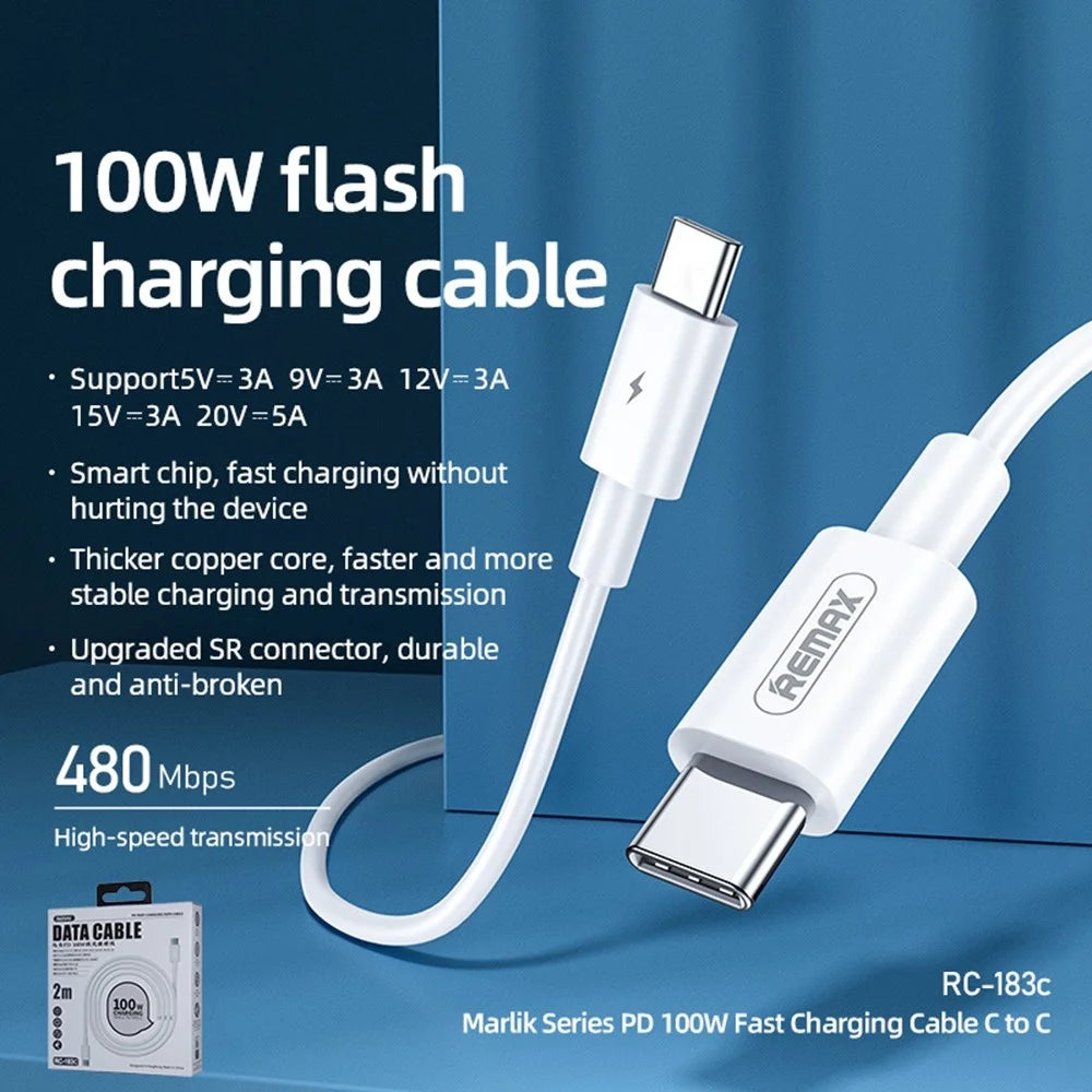 REMAX RC-183C 2m USB-C to USB-C Cable PD 100W Fast Charging Data Cable for Huawei / Xiaomi / Samsung - White - 2