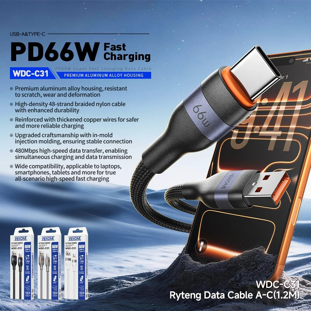 WEKOME WDC-C31 1.2m USB-A to Type-C Cable 66W Fast Charging 480Mbps Data Transfer Cord for Laptop Phone Tablet - Black - 2