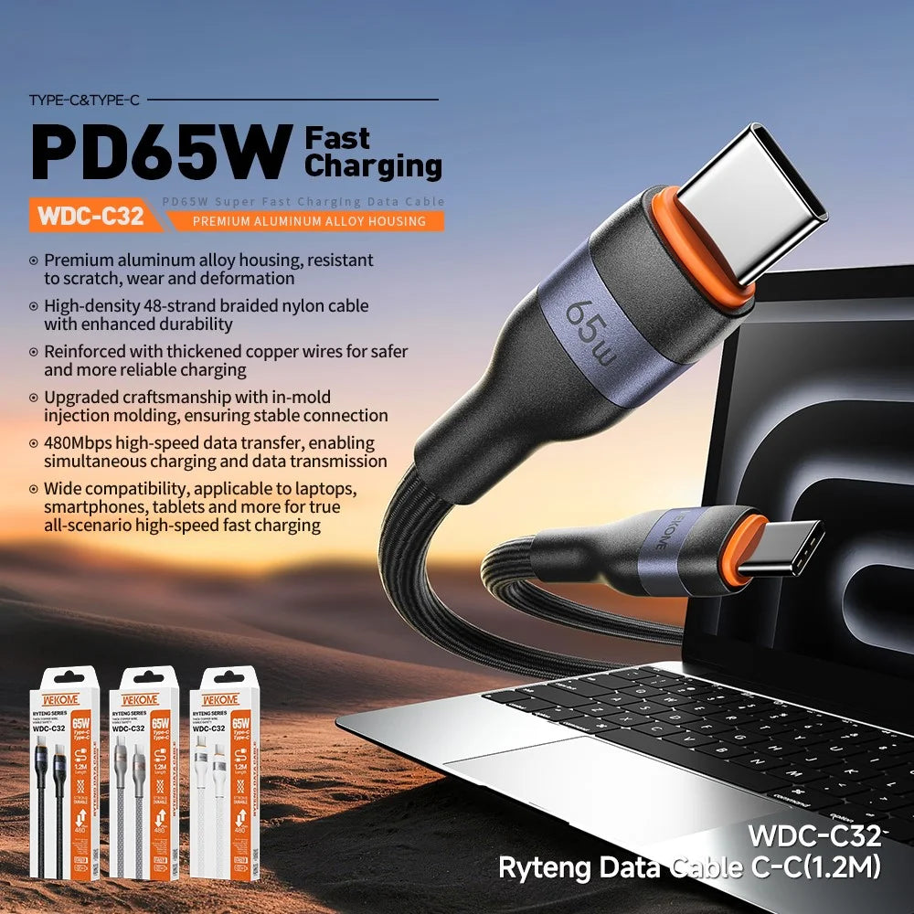 WEKOME WDC-C32 2m Type-C to Type-C Cable 65W PD Fast Charging Nylon Braided Cord 480Mbps Data Transfer - Black - 2