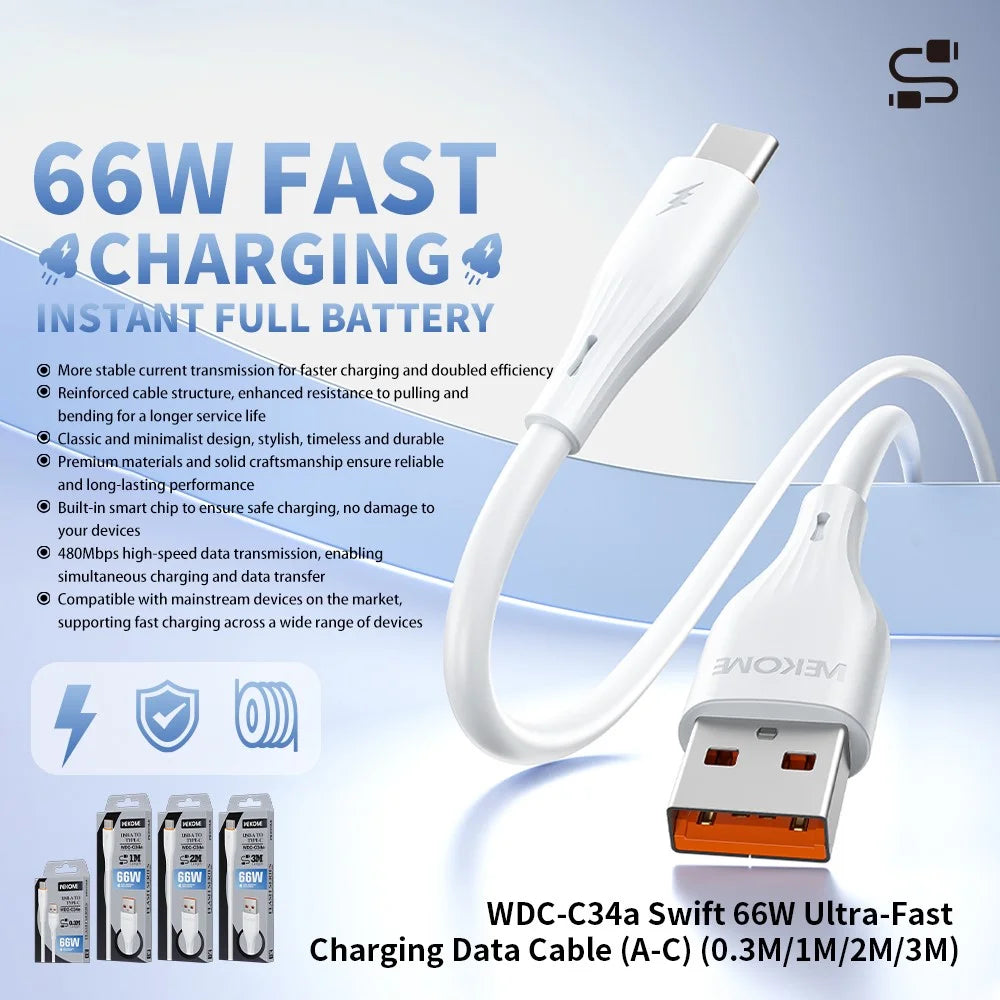 WEKOME WDC-C34a 0.3m USB-A to Type-C Cable 66W Fast Charging Data Cable for Phone Tablet - White - 2