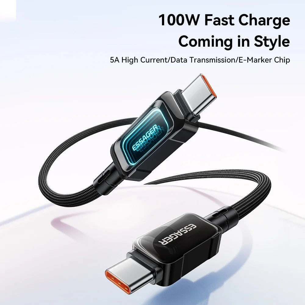 ESSAGER ES-X87 2m Type-C to Type-C Cable 100W Fast Charging Braided Data Cable - Black - 5