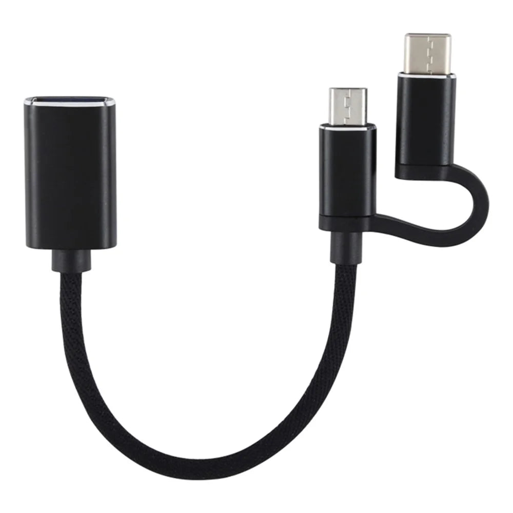 USB 3.0 Female OTG Adapter 2-in-1 Micro USB+Type C Male Nylon Braided Charging Cable Data Cord - Black - 2