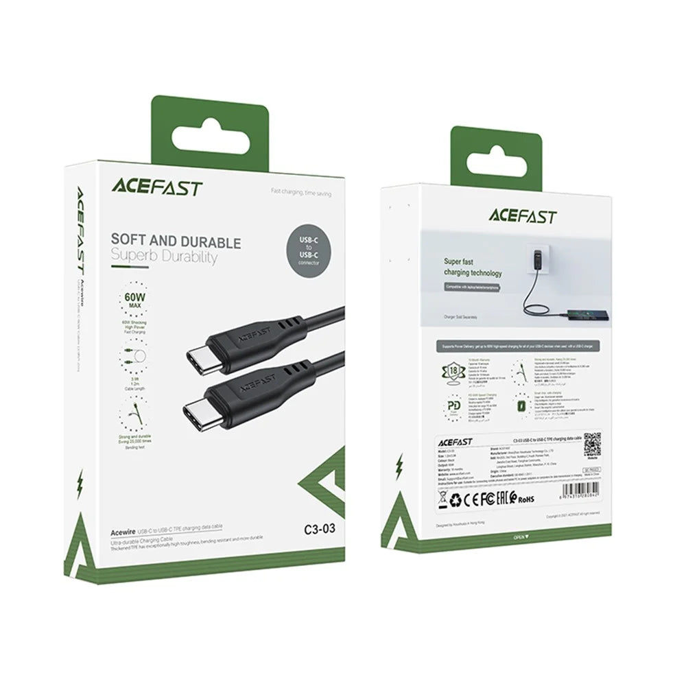 ACEFAST C3-03 for iPhone 15 Series 60W High Power USB-C to USB-C TPE Charging Data Cable 1.2m - Black - 6