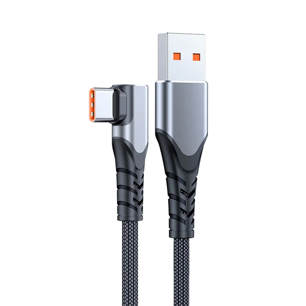 0.5m 66W 6A High Current Fast Charging Cable 90 Degree USB to Type-C Braided Data Cord - Grey - 1