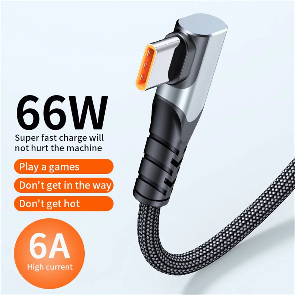 0.5m 66W 6A High Current Fast Charging Cable 90 Degree USB to Type-C Braided Data Cord - Grey - 2