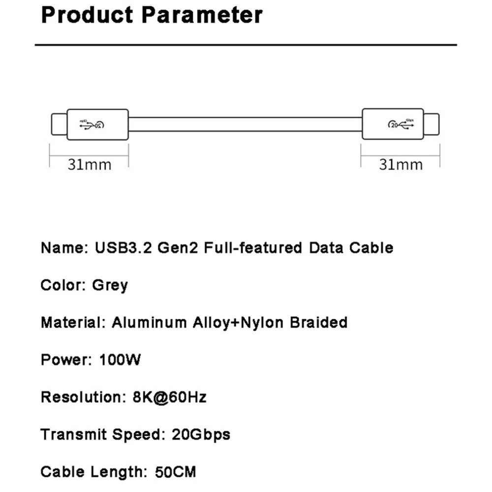 0.5m PD 100W USB-C 3.2 Gen2 Data Cable 8K/60Hz 20Gbps High Speed Video Date Transmission Fast Charging Cord - 5