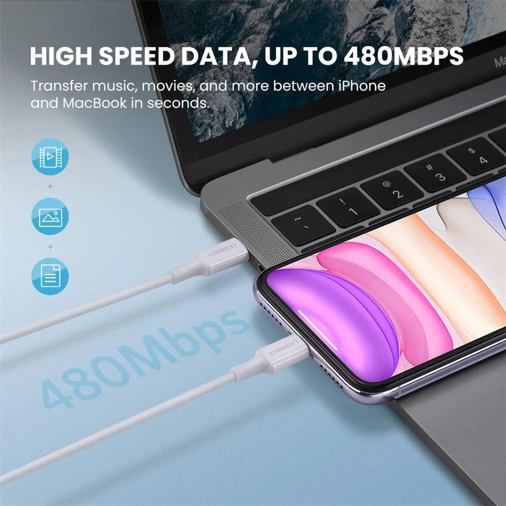 UGREEN 0.5m 3A PD Fast Charging Wire MFI Certified Type-C to Lightning 480Mbps High Speed Data Cable - 3