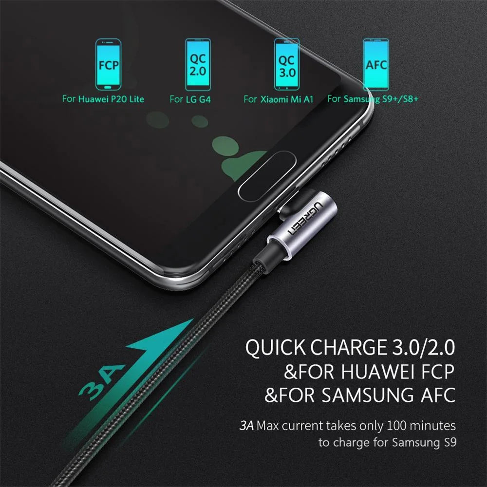 UGREEN 60782 1.5m Fast Charging 18W Right Angle Design Durable Nylon Braided USB 2.0 to Type-C Charging Cable - 3