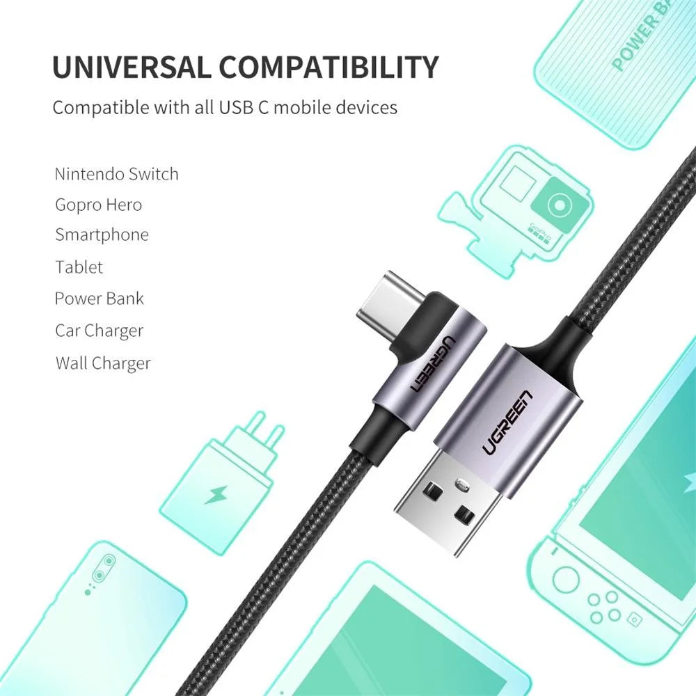 UGREEN 70255 3m Braided Extra Long Length Elbow Design USB 2.0 to Type-C Aluminum 18W Fast Charging Cable - 5