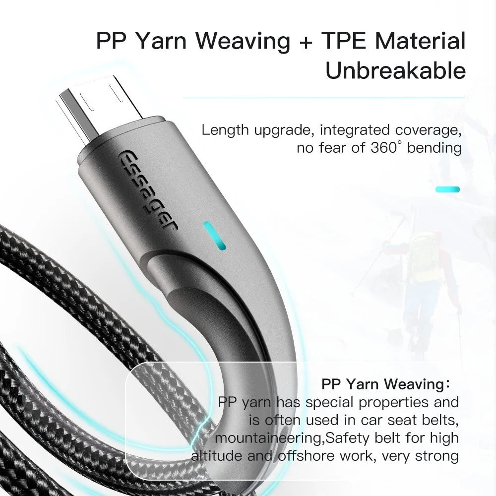 ESSAGER 3m Super Long USB to Micro USB Cell Phone Cable 2.4A Fast Charging 480Mbps Transmission Cord - Black - 2