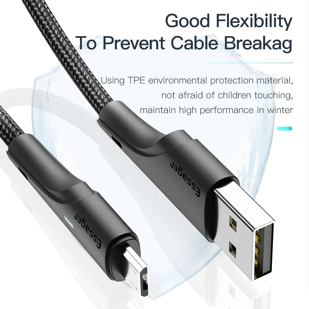ESSAGER 3m Super Long USB to Micro USB Cell Phone Cable 2.4A Fast Charging 480Mbps Transmission Cord - Black - 3