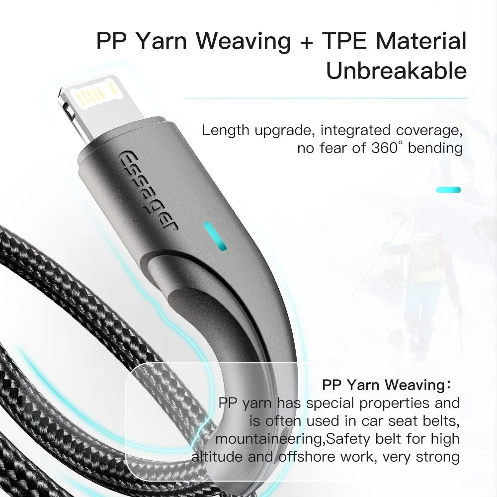 ESSAGER 1m Cell Phone Cable USB to iP 2.4A Fast Charging Cord 480Mbps Transfer Braided Design LED Light Design Line for Lightning Devices - Black - 2