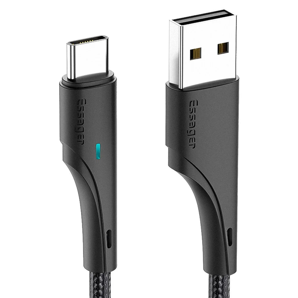 ESSAGER 3m Type C Charging Cable Nylon Braided USB to Type C 3A Fast Charging 480Mbps Transmission Cord - Black - 1