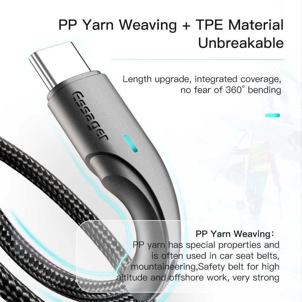 ESSAGER 1m Nylon Braided USB to Type C Cable 3A Fast Charging 480Mbps Transmission Cord - Black - 2