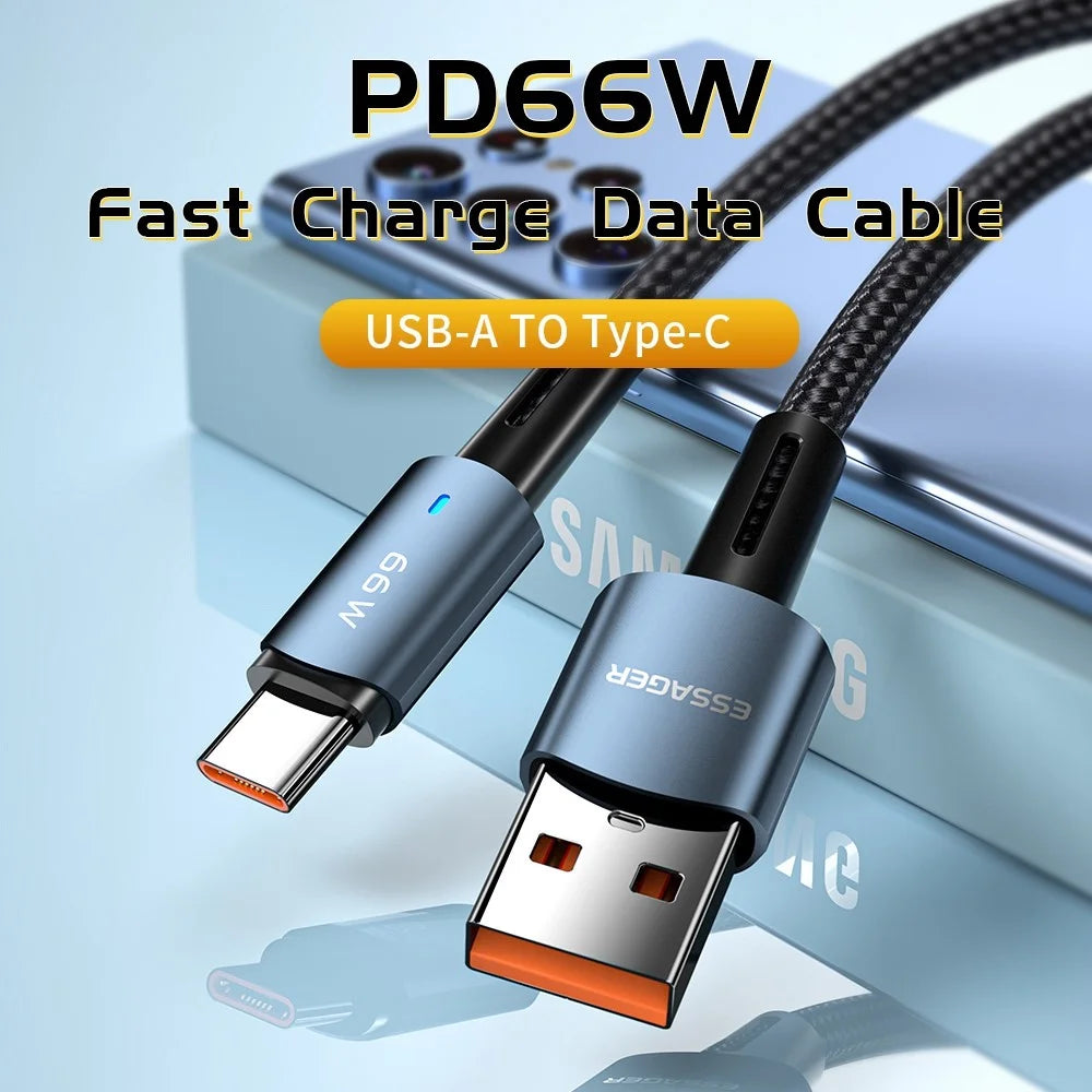 ESSAGER 2m USB C Charger Cord Premium Braided USB A to Type C 6A Charging Data Transfer Cable Fast Charge for Smartphones Tablets Laptops - Blue - 2