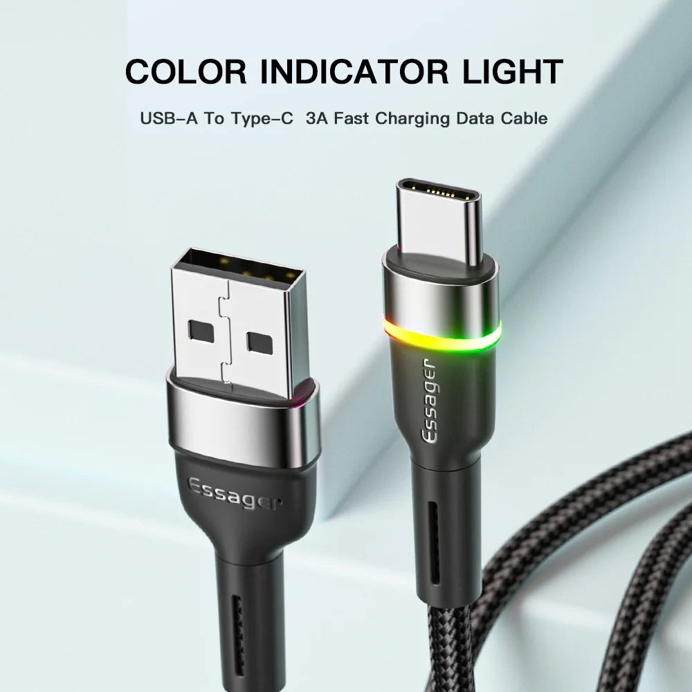 ESSAGER 1m 3A Fast Charging Cable USB-A to Type-C Braided Cord with Color Indicator Light Support 480Mbps Data Transmission - Black - 2