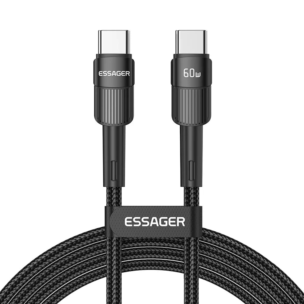 ESSAGER 3m PD 60W Type-C to Type-C Fast Charging Cable 480Mbps Data Transfer Braided Cord - Black - 1