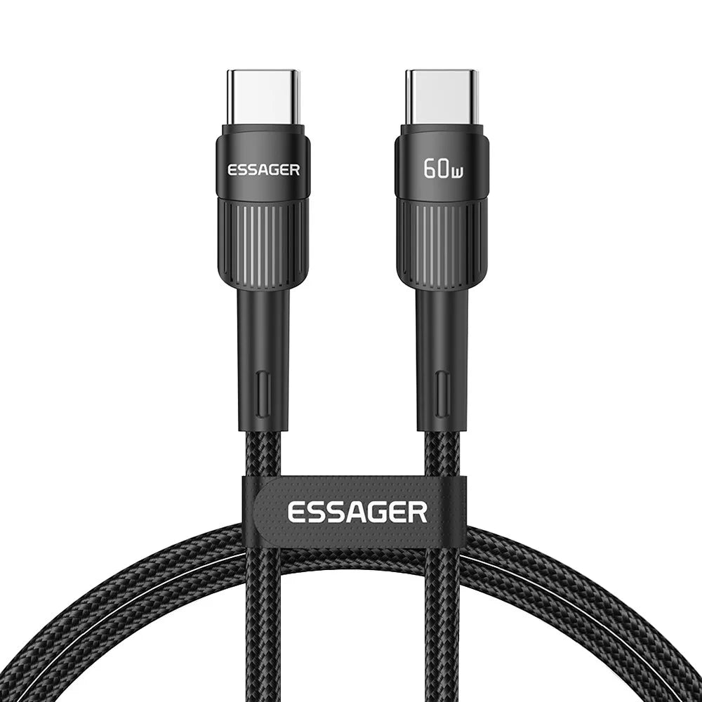 ESSAGER 2m PD 60W Type-C Male to Type-C Male Fast Charging Cable 480Mbps Data Cord - Black - 1