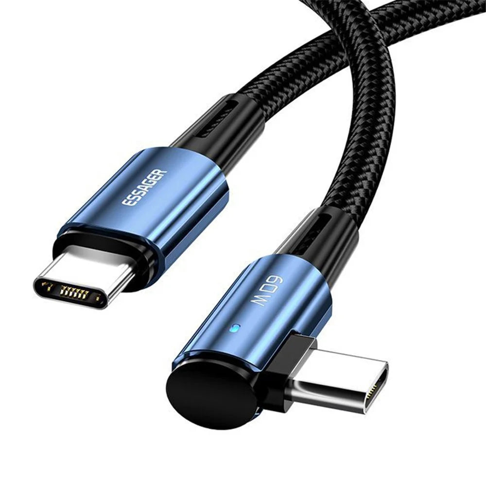 ESSAGER ChenGuang 1m 60W Type-C Male to Type-C Male Elbow Cable Fast Charging Data Cord - Blue - 1
