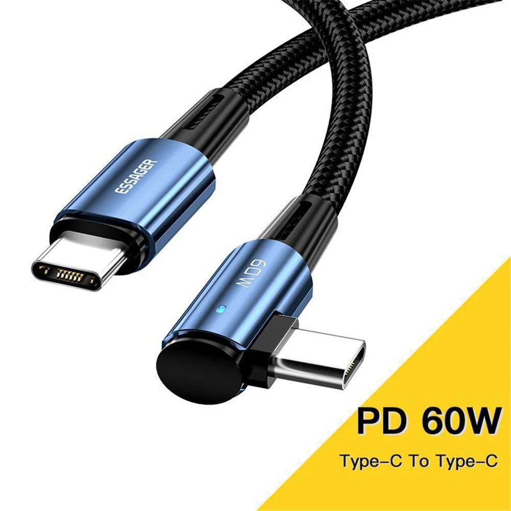 ESSAGER ChenGuang 1m 60W Type-C Male to Type-C Male Elbow Cable Fast Charging Data Cord - Blue - 2